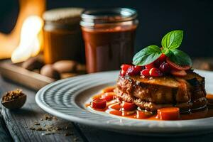 un' piatto con un' pezzo di carne e salsa. ai-generato foto