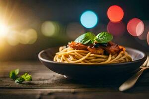 spaghetti con pomodoro salsa e basilico le foglie nel un' ciotola. ai-generato foto