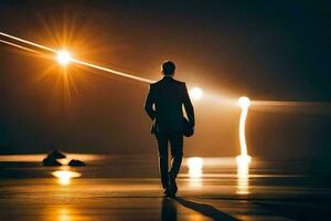 un' uomo nel un' completo da uomo passeggiate attraverso un' pista di decollo a notte. ai-generato foto