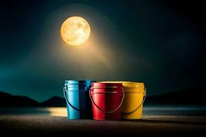 tre benne sedersi su il spiaggia a notte con il Luna nel il sfondo. ai-generato foto