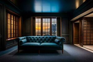 un' blu divano nel un' camera con un' Visualizza di il tramonto. ai-generato foto