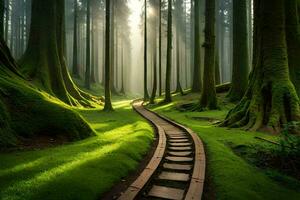 un' treno traccia nel il mezzo di un' foresta. ai-generato foto