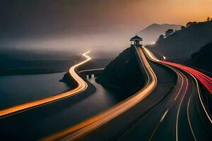 un' lungo esposizione foto di un' autostrada con macchine guida su esso. ai-generato