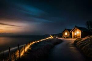 un' sentiero principale per un' cabina su il spiaggia a notte. ai-generato foto