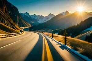 un' strada nel il montagne con il sole splendente. ai-generato foto