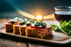 un' piatto con cibo e un' bicchiere di vino. ai-generato foto