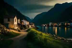 foto sfondo il cielo, notte, montagne, Casa, strada, fiume, Casa, casa,. ai-generato