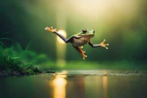 un' rana salto in il acqua. ai-generato foto