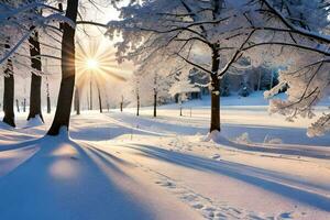 un' nevoso foresta con il sole splendente attraverso il alberi. ai-generato foto