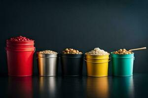 un' riga di colorato metallo contenitori con diverso tipi di cereale. ai-generato foto