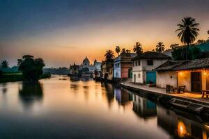 un' fiume nel davanti di un' villaggio a tramonto. ai-generato foto