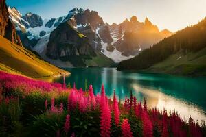 il sole sorge al di sopra di il montagne e il lago nel Questo bellissimo paesaggio. ai-generato foto