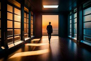 un' uomo a piedi giù un vuoto corridoio con il sole ambientazione dietro a lui. ai-generato foto