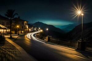 un' lungo esposizione foto di un' strada a notte. ai-generato