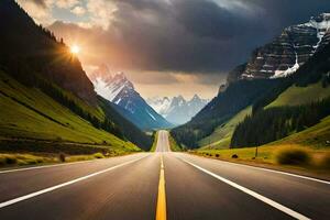 un' strada nel il montagne con montagne nel il sfondo. ai-generato foto