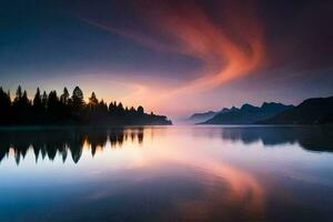 un' bellissimo tramonto al di sopra di un' lago con alberi e montagne. ai-generato foto