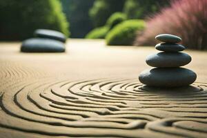 un' zen giardino con pietre e un' spirale sentiero. ai-generato foto