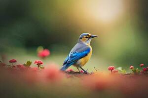 un' blu e giallo uccello è in piedi su un' fiore campo. ai-generato foto