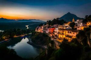 il tramonto al di sopra di un' villaggio nel Italia. ai-generato foto