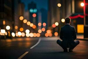 un' uomo nel un' completo da uomo si siede su il strada a notte. ai-generato foto