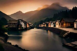 foto sfondo il cielo, montagne, acqua, il fiume, case, il villaggio, il montagne. ai-generato