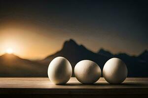 tre uova su un' tavolo con montagne nel il sfondo. ai-generato foto