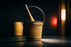 un' bambù secchio con bastoncini su un' tavolo. ai-generato foto