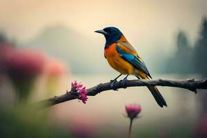 un' colorato uccello si siede su un' ramo vicino un' lago. ai-generato foto