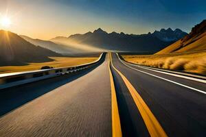 un' autostrada con il sole ambientazione dietro a esso. ai-generato foto