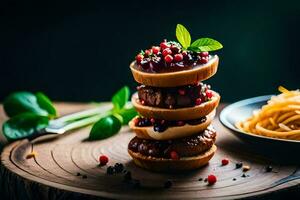 un' pila di hamburger con salsa e erbe aromatiche. ai-generato foto