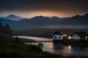 un' Casa si siede su il bordo di un' lago a crepuscolo. ai-generato foto