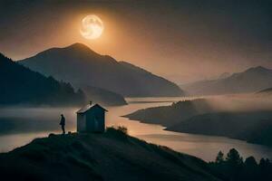 il uomo sta su il bordo di il lago con il Luna nel il sfondo. ai-generato foto