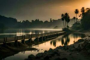 un' Alba al di sopra di il fiume. ai-generato foto