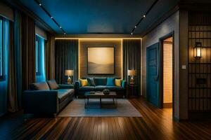 un' vivente camera con blu mobilia e legna piani. ai-generato foto