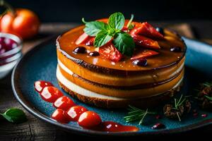 un' torta con fragole e crema su un' piatto. ai-generato foto