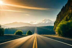 un' strada nel il montagne con il sole splendente. ai-generato foto