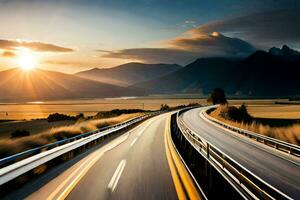 un' autostrada con il sole ambientazione al di sopra di montagne. ai-generato foto