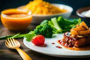 un' piatto di cibo con carne, verdure e Riso. ai-generato foto