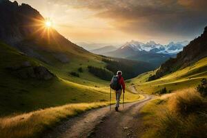 un' uomo passeggiate su un' sentiero nel il montagne. ai-generato foto