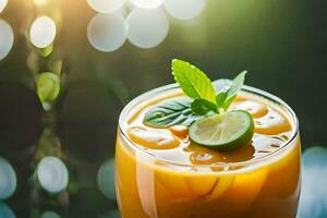 un' bicchiere di arancia succo con lime e menta. ai-generato foto