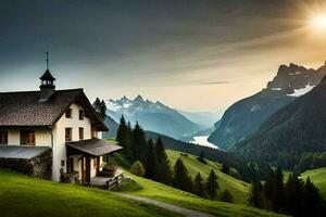 un' Casa si siede su un' collina prospiciente un' valle. ai-generato foto