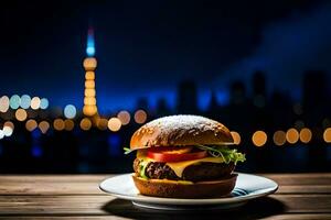 un' Hamburger su un' piatto con un' città orizzonte nel il sfondo. ai-generato foto
