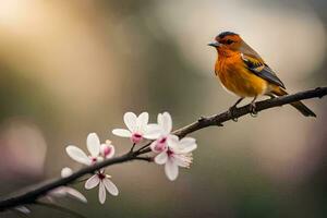 un' uccello si siede su un' ramo con un' fiore. ai-generato foto