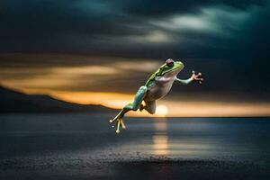 un' rana salto in il aria a tramonto. ai-generato foto