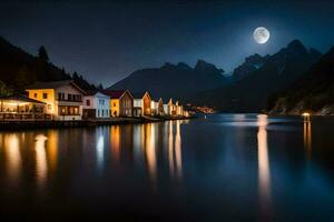 un' Luna sorge al di sopra di un' lago e case a notte. ai-generato foto