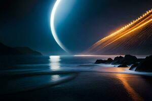un' lungo esposizione fotografia di un' illuminato dalla luna spiaggia. ai-generato foto