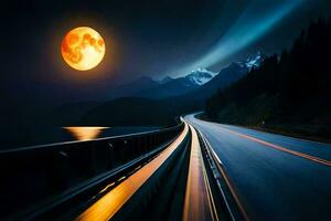un' strada con un' pieno Luna nel il cielo. ai-generato foto
