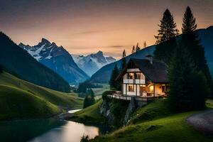 il Casa nel il montagne. ai-generato foto