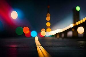 un' sfocato Immagine di un' strada a notte con luci. ai-generato foto