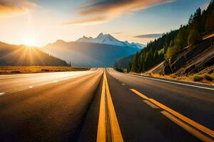 un' autostrada con montagne nel il sfondo a tramonto. ai-generato foto